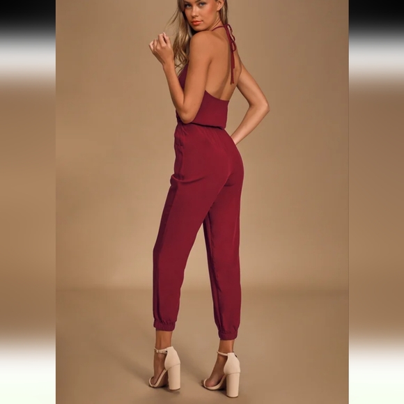 Lulu's Learning to Fly Burgundy Halter Jumpsuit/ M - Picture 4 of 12